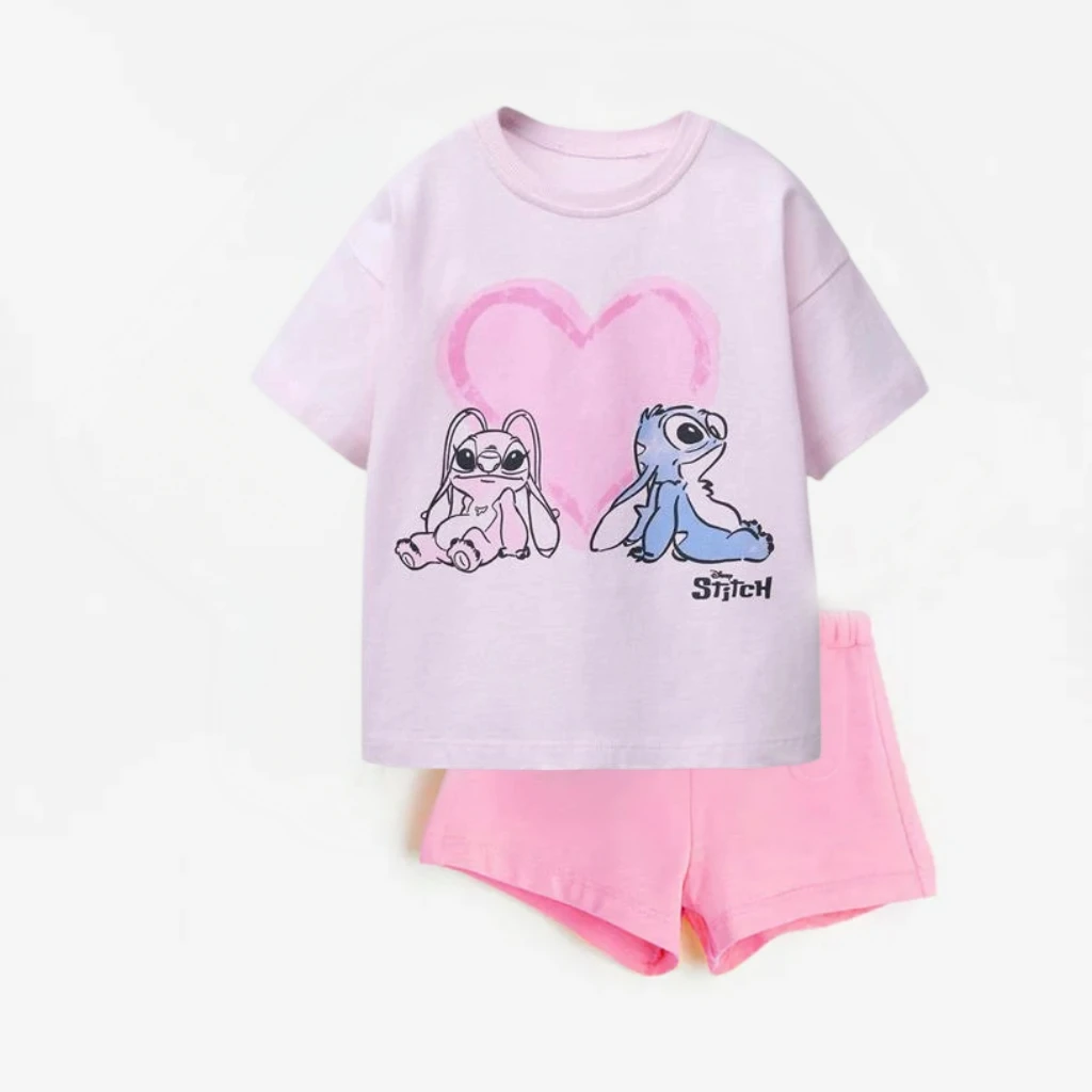 Camiseta de dibujos animados de verano, pantalones cortos rosas, conjunto de dos piezas, disfraz holgado informal para niños, trajes de manga corta, camisetas bonitas para niñas y niños + Pantalones cortos - imagen 4