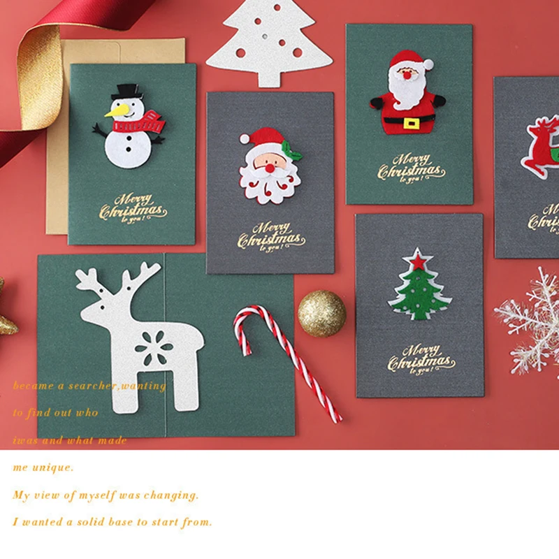 Juego de tarjetas de felicitación navideñas, papel nacarado, invitaciones de fieltro 3D, Papá Noel, muñeco de nieve, alce, árbol de Navidad, recuerdo de estilo mixto, 8 Uds. ZYF - imagen 2