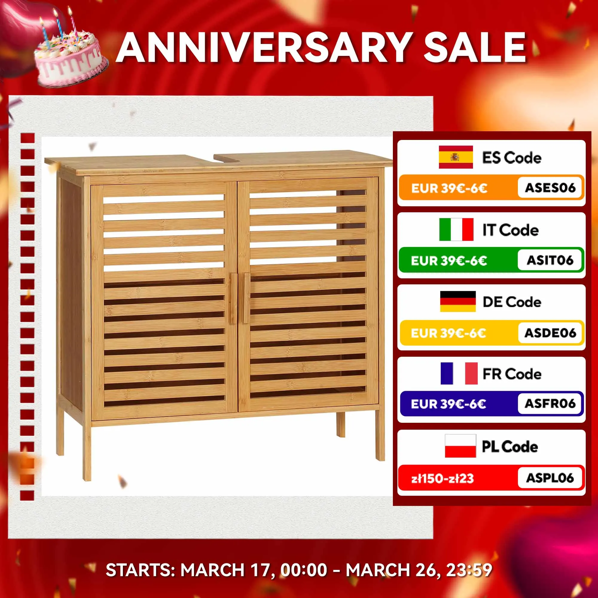 kleankin Mueble bajo del Lavabo de Bambú con 2 Puertas Armario Debajo Lavabo de Pie Armario de Baño de Suelo 66x29x61,5 cm Natural