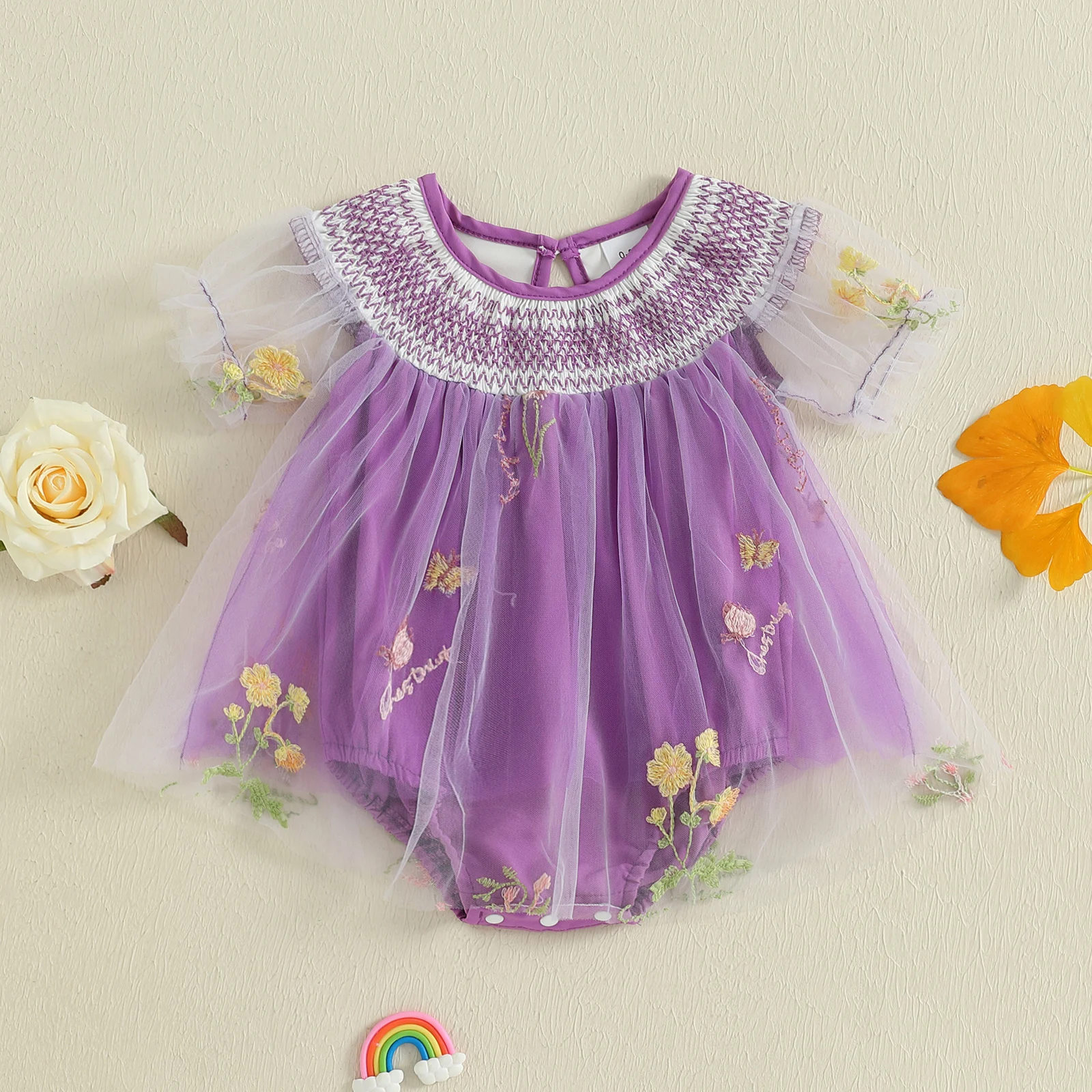 SUNSIOM-Pelele de verano para niña de 0 a 18 meses, mono ahumado con bordado Floral de manga corta, vestido de malla, mono para recién nacido