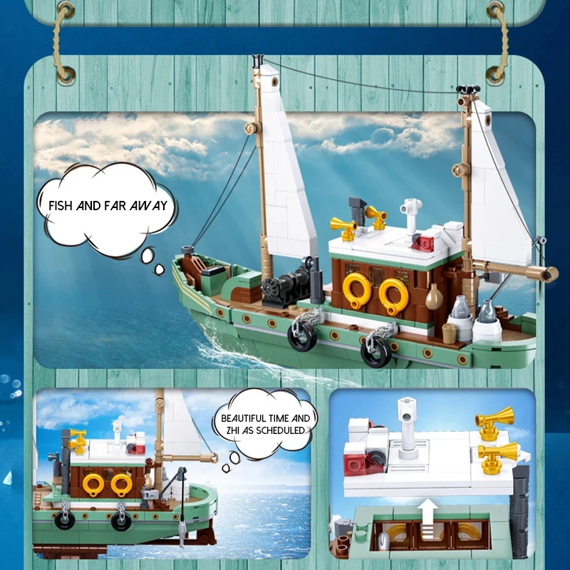 Barco de pesca Trawler, gran barco de tiburón blanco, bloques de construcción, modelo de barco pirata, juego de ladrillos con Mini figuras, juguetes DIY para niños, regalos - imagen 2