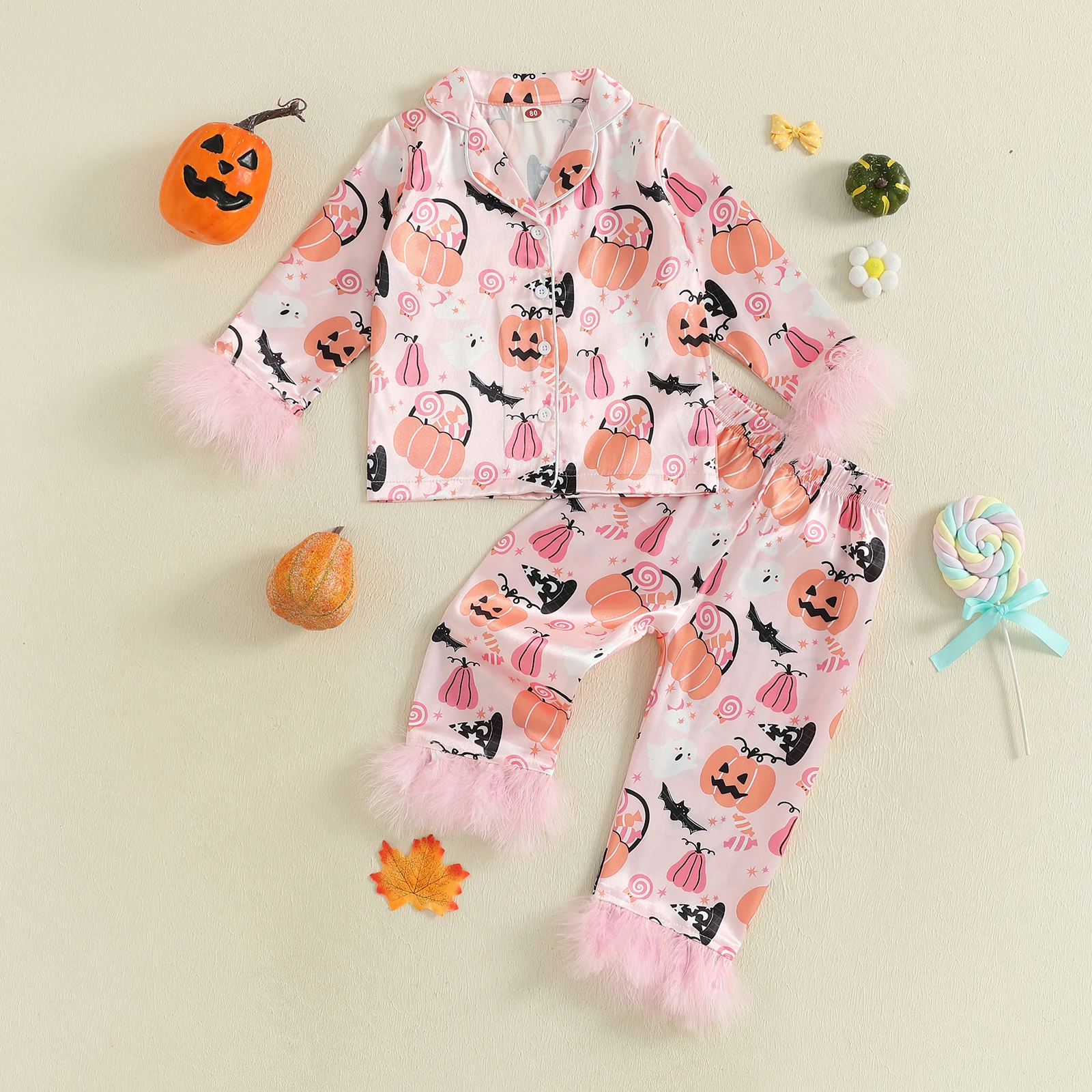 VISgogo Conjunto de pijamas de Halloween para niñas con puños de plumas, camisa con botones y pantalones elásticos con estampado de calabaza para ropa de descanso - imagen 3