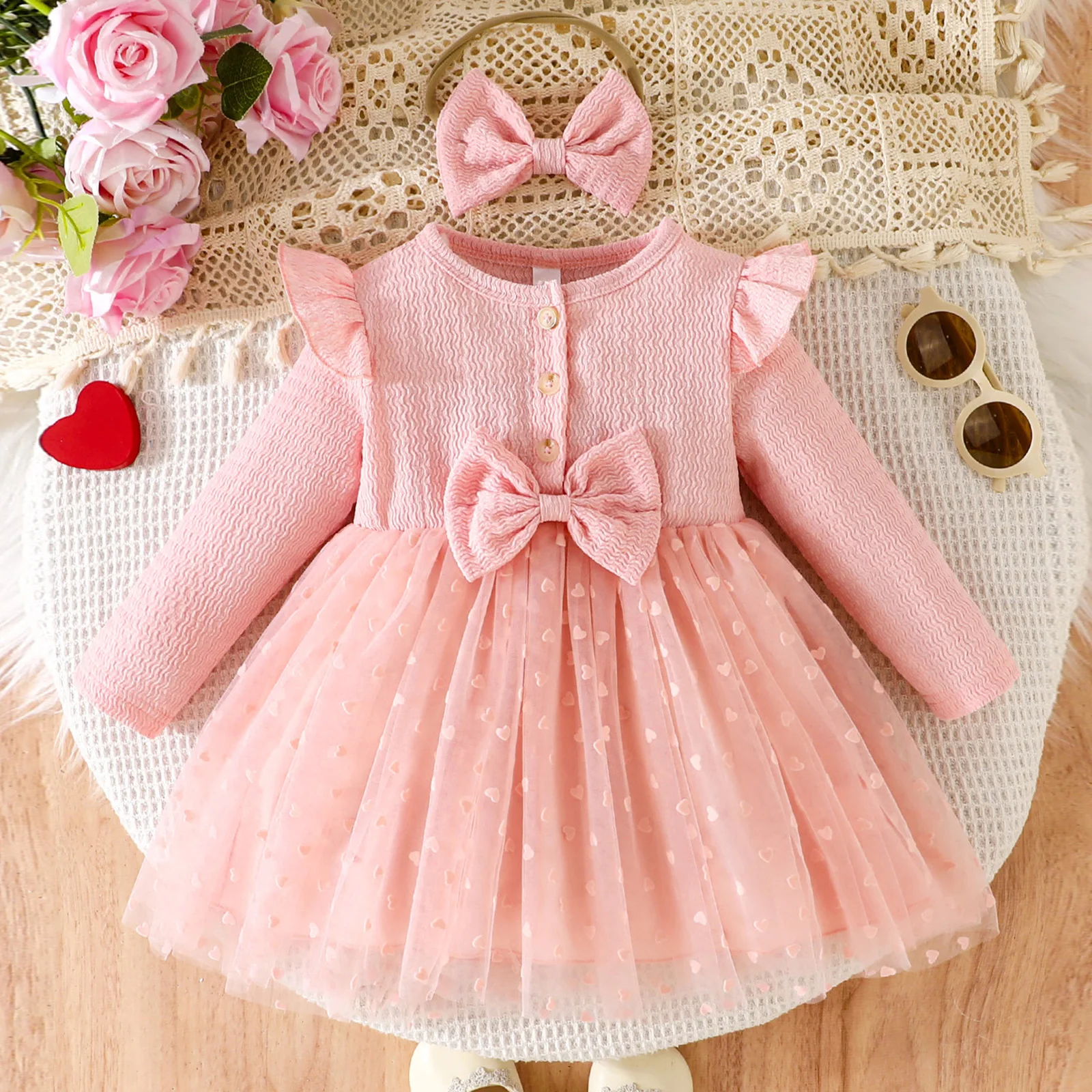 SUNSIOM Vestido de niña de 0 a 3 años, 2 piezas, trajes de otoño, vestido de tul con lazo frontal de manga larga + conjunto de diadema, ropa para niños pequeños