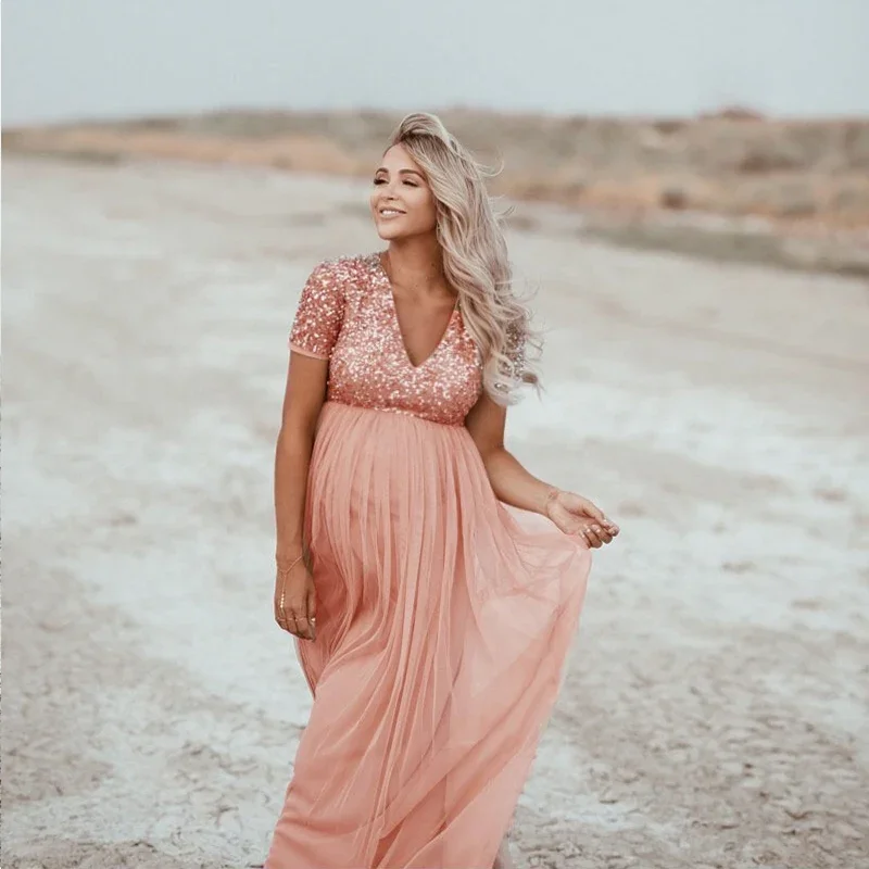 Vestido de maternidad largo encaje elegante con lentejuelas - imagen 4