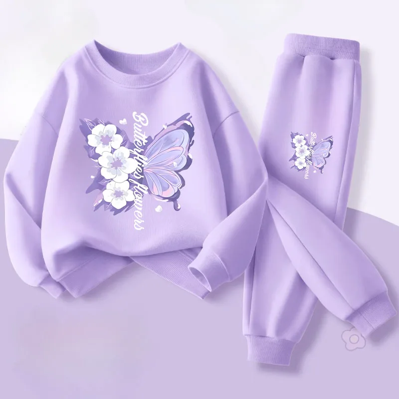 Conjuntos de dos piezas de pantalones largos de manga larga para niñas, sudaderas con capucha con estampado de mariposas elegantes, traje, trajes para niños, chándal, primavera - imagen 2