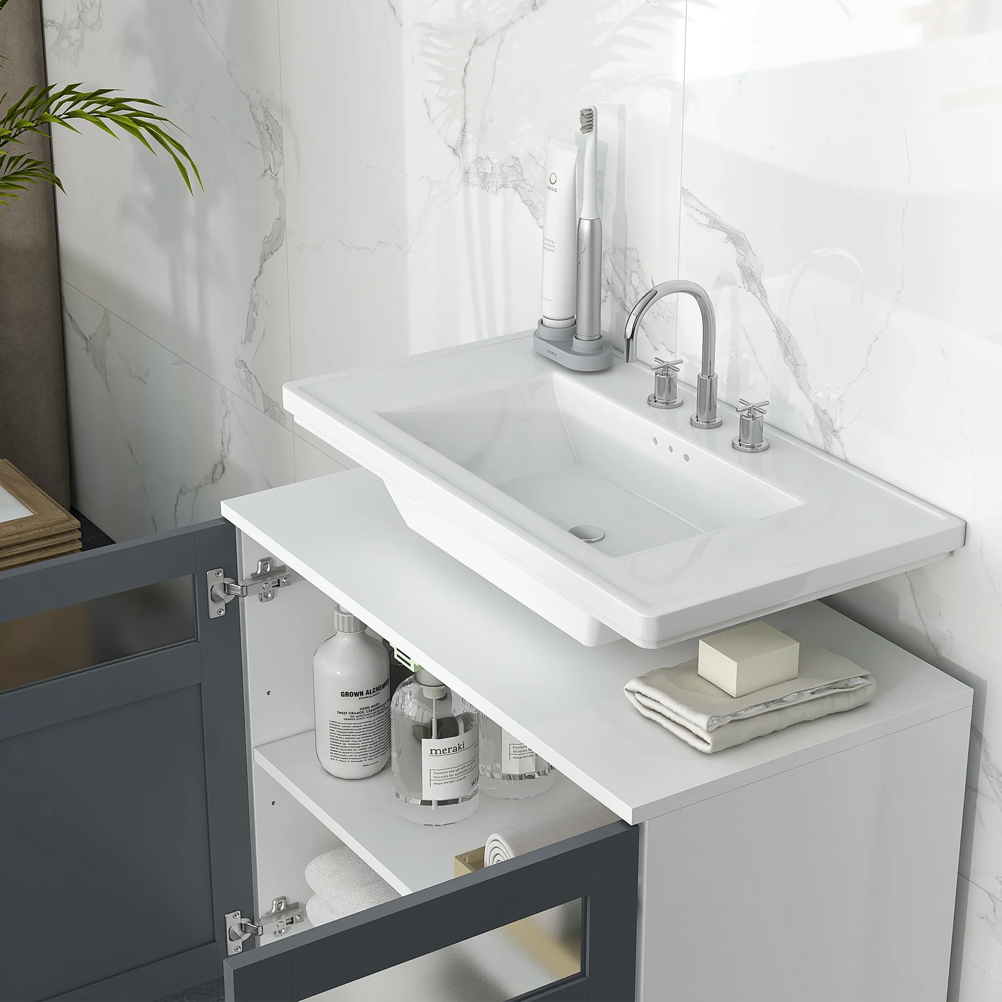 kleankin Mueble para Debajo del Lavabo Armario de Baño Bajo Lavabo con 2 Puertas de Vidrio Templado y Estante Ajustable 69x35x59 cm Blanco y Gris - imagen 5