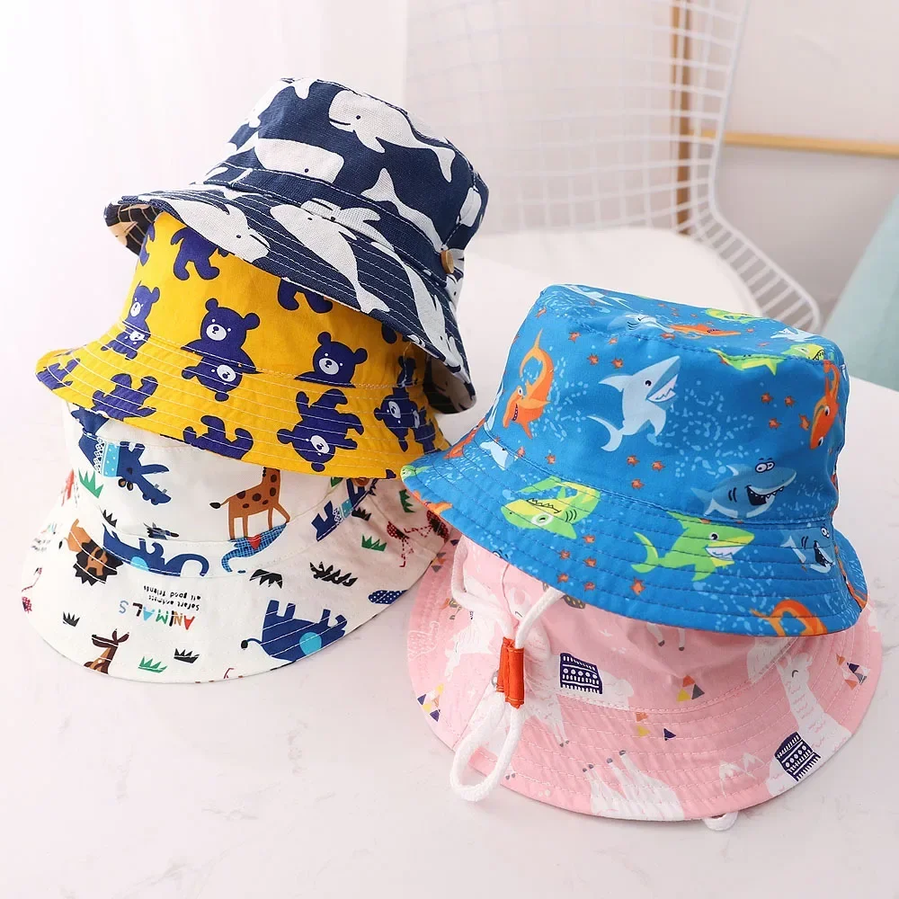 Primavera Verano lindo dibujos animados fino transpirable niños sombreros de cubo Unisex bebé sombreros para el sol con cuerda a prueba de viento para niños gorras al aire libre - imagen 2