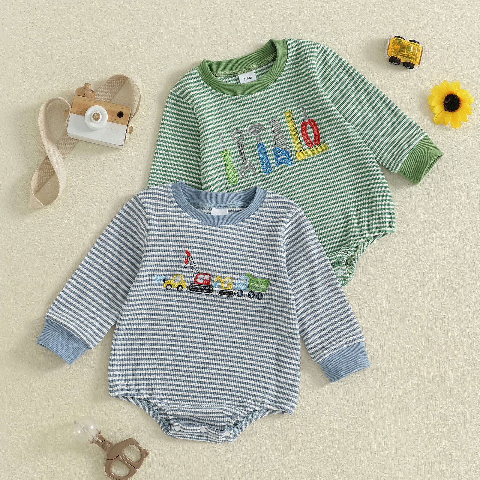 SUNSIOM-Sudadera a rayas para bebé de 0 a 18 meses, pelele para camión/herramienta, mono de punto tipo gofre de manga larga bordado, ropa de otoño