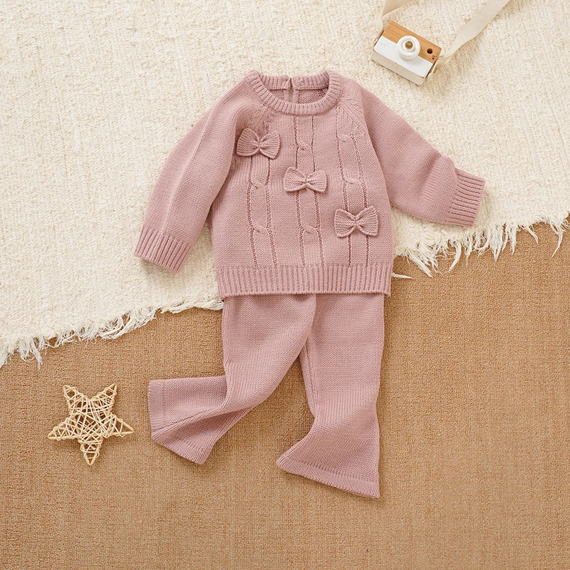Conjunto de 2 piezas de punto cálido para invierno para niñas pequeñas, suéter de manga larga de algodón + Pantalones, prendas de vestir rosas, trajes de punto infantiles - imagen 2