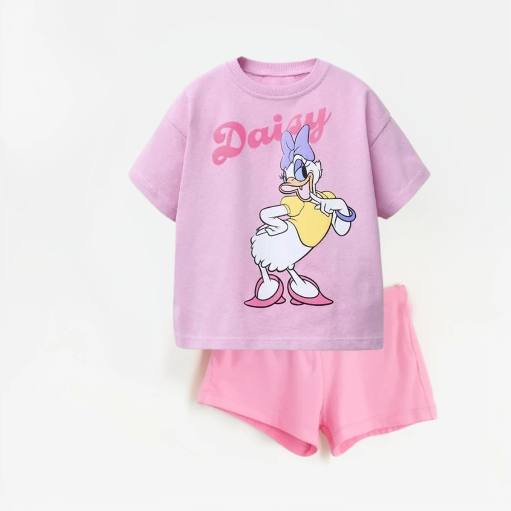 Camiseta de dibujos animados de verano, pantalones cortos rosas, conjunto de dos piezas, disfraz holgado informal para niños, trajes de manga corta, camisetas bonitas para niñas y niños + Pantalones cortos