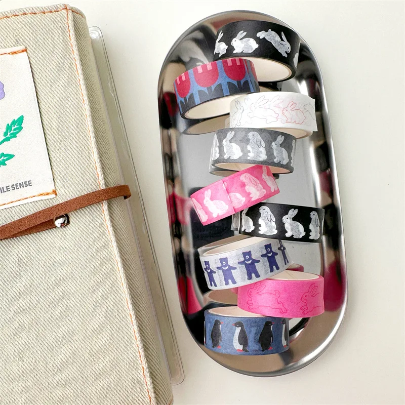 Rollo de pegatinas de Material decorativo para manual, cinta de papel Washi de pingüino y conejo coreano, 15mm x 3 M, suministros de oficina - imagen 4