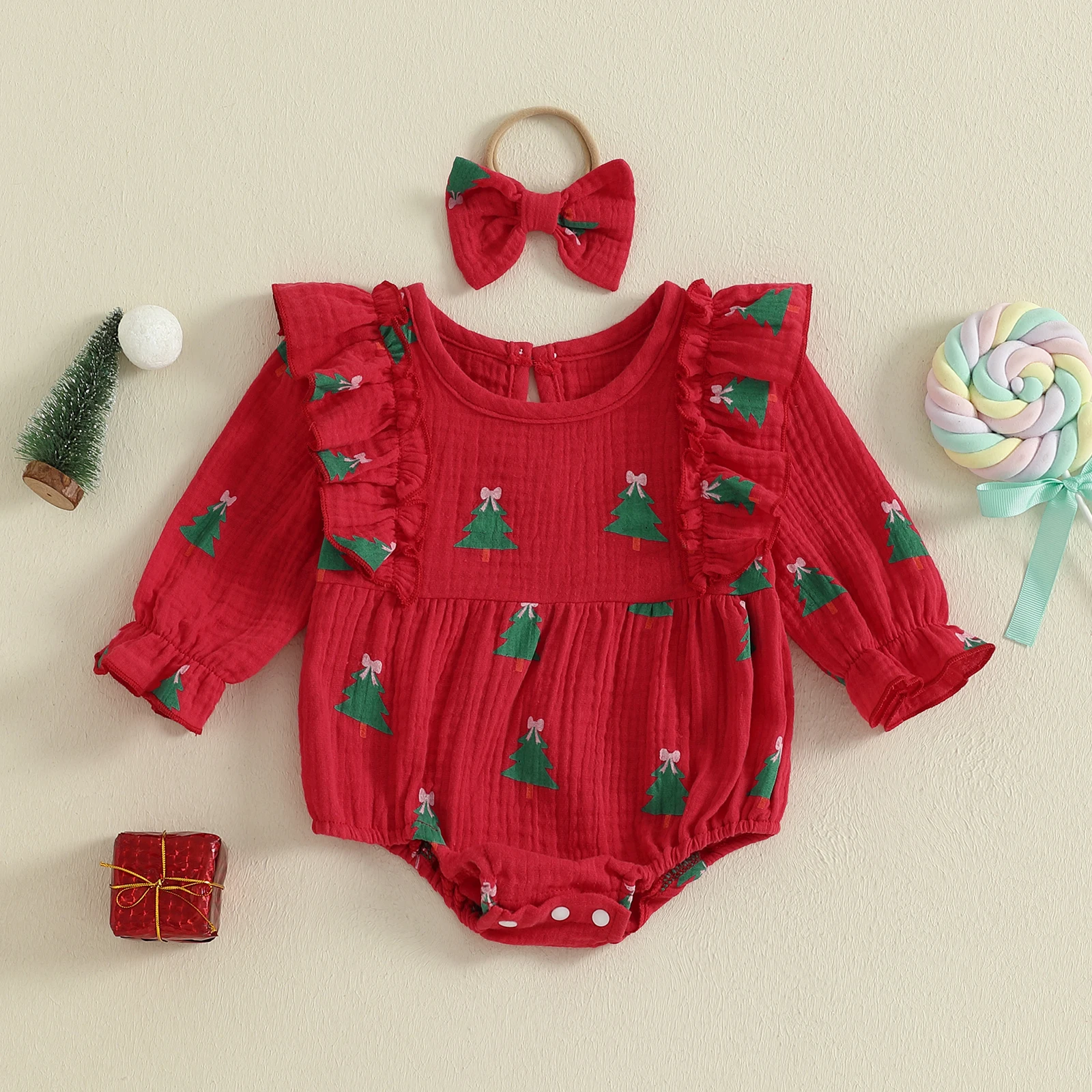 Mameluco de Navidad para niña, mono de manga larga con ribete de volantes de Papá Noel/árbol, ropa bonita de invierno y otoño - imagen 2