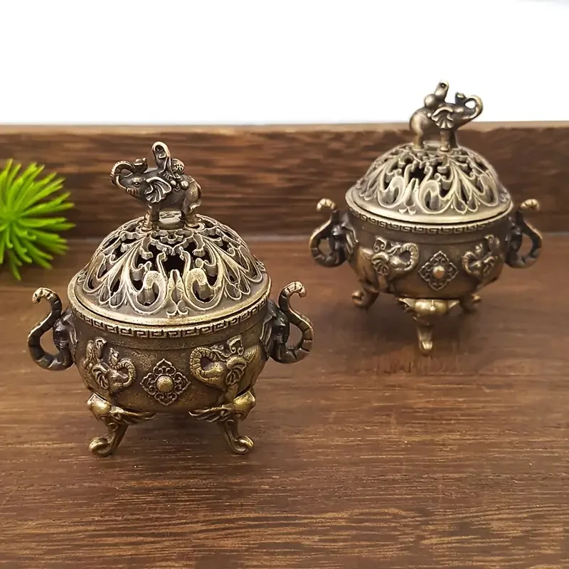 Mini quemador de incienso de tres patas de elefante, Metal de sándalo, decoración para el hogar y la Oficina, soporte de incienso terapéutico para relajación - imagen 2