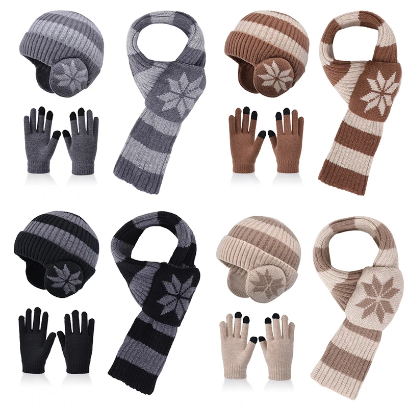 Gorros para niños, guantes, bufanda, gorro tejido a rayas a la moda, gorro de invierno para niño y niña, gorros con protección para los oídos de terciopelo, conjunto de artículos cálidos para niños, 3 uds.