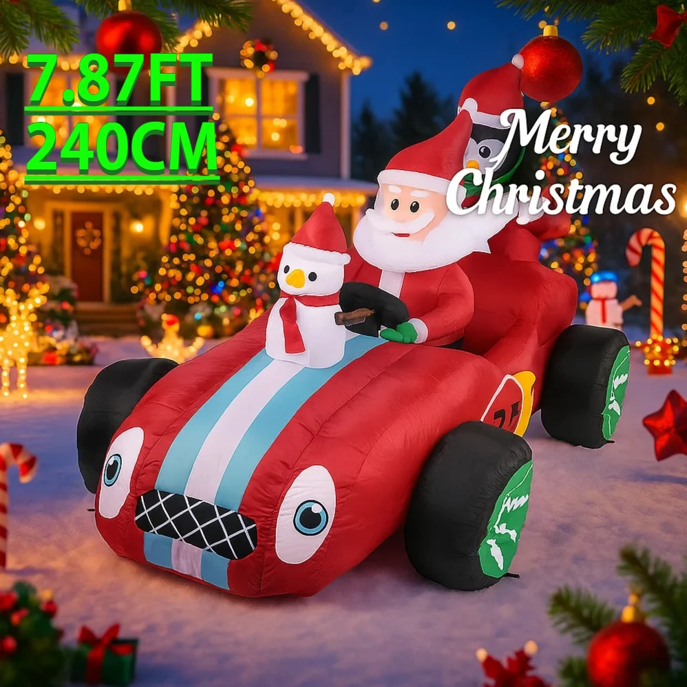 Juguete inflable gigante de Navidad de 7,87 pies, coche de Papá Noel, muñeco de nieve, pingüino, luces LED, suministros para fiesta de césped y patio, adornos para decoración del hogar