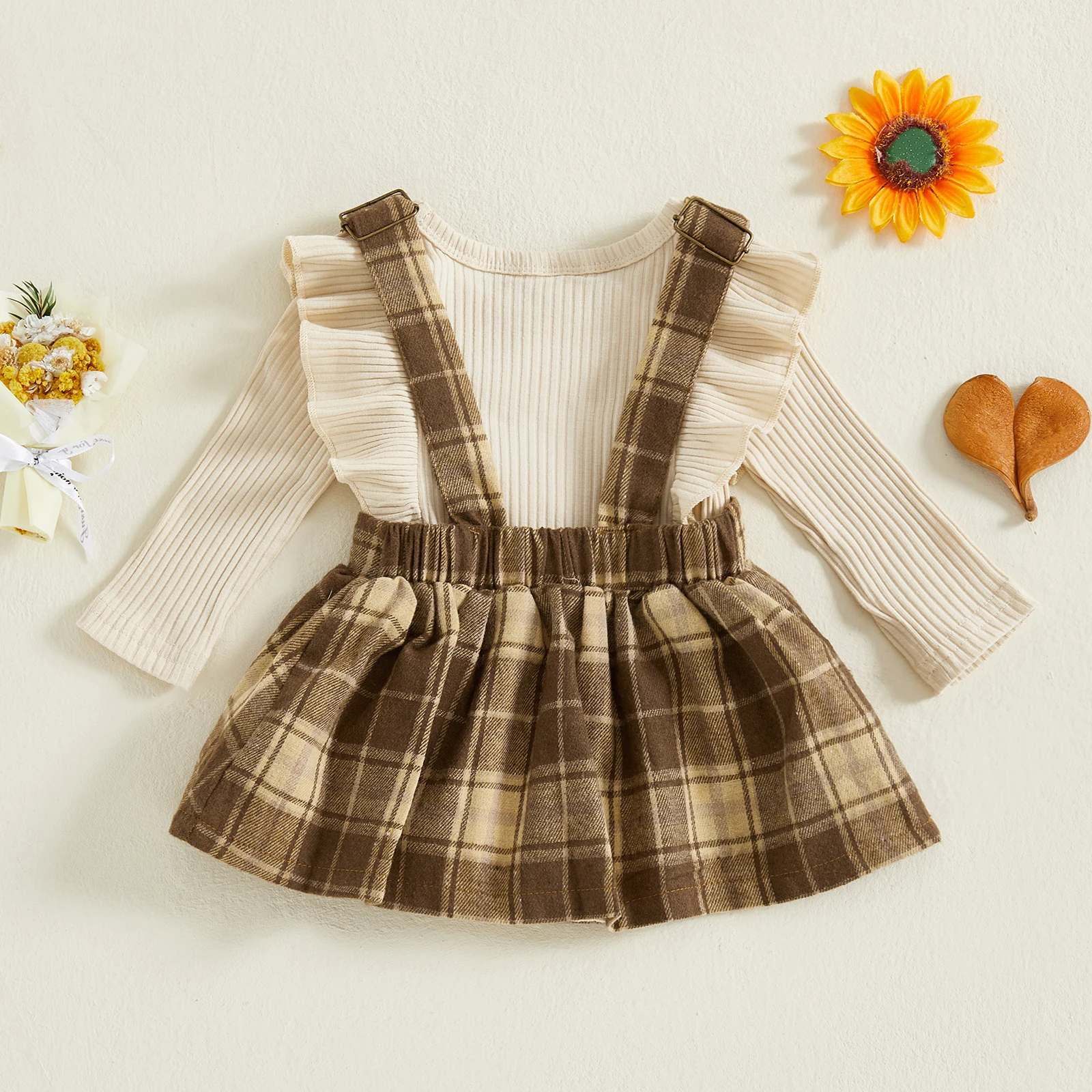 VISgogo Conjunto de 2 piezas para niñas, mameluco de manga larga con volantes acanalados y vestido con tirantes a cuadros, ropa linda de otoño - imagen 4