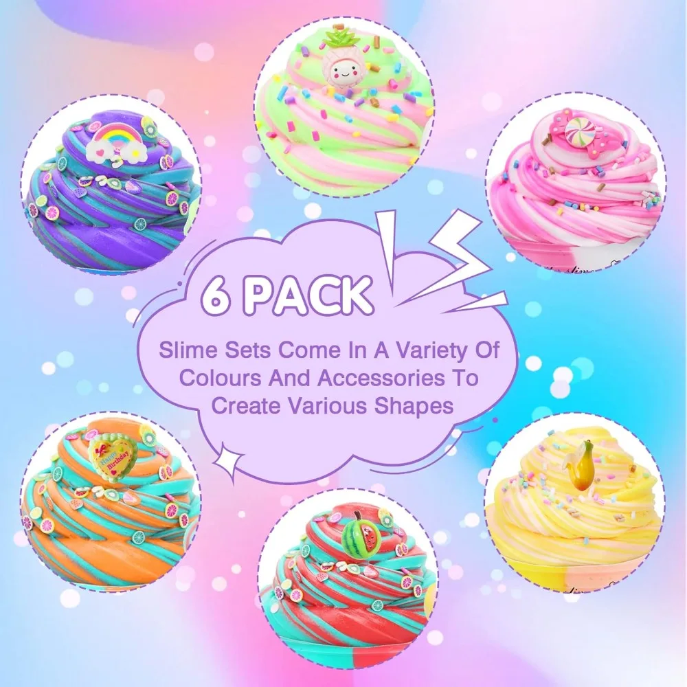 Kit de limo de mantequilla, paquete de 6 recuerdos de fiesta para niños, juguete colorido para aliviar el estrés para niñas, juguete sorpresa de limo suave DIY con regalo de encanto - imagen 5