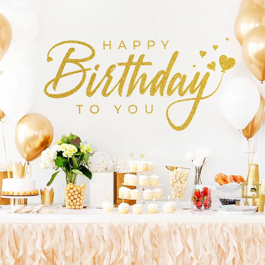 Pegatinas de pared del día de feliz cumpleaños, pegatinas decorativas autoadhesivas para fiesta con fuentes doradas de celebración de cumpleaños