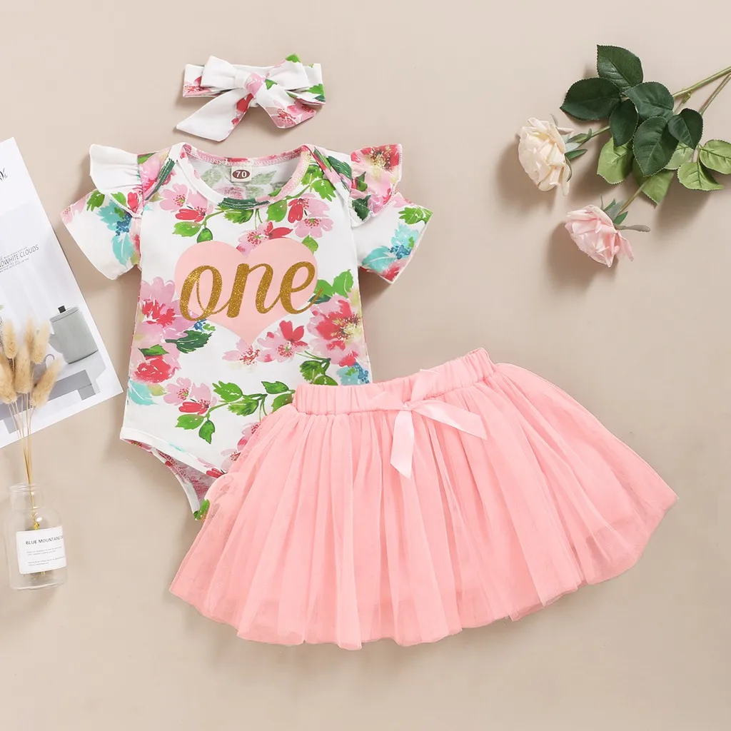 Vestido de princesa para niñas recién nacidas de 0 a 2 años, Pelele de manga corta + falda de hilo de Red + diadema Floral, traje de verano de 3 piezas