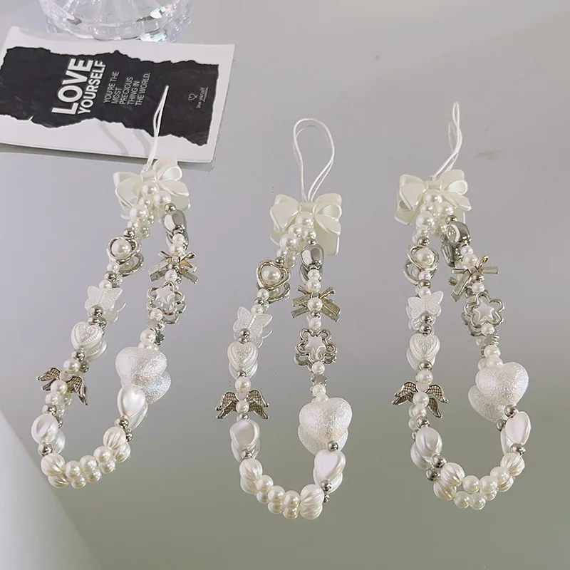 Cadena de teléfono con cuentas de flores y lazo blanco, cordón de lujo, colgante de joyería Universal para IPhone, accesorios para Samsung