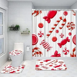 Juego de 4 piezas de cortina de ducha de bastón de caramelo navideño, pan de jengibre y gatito, impermeable, resistente al moho, juego de alfombrillas en forma de U para baño