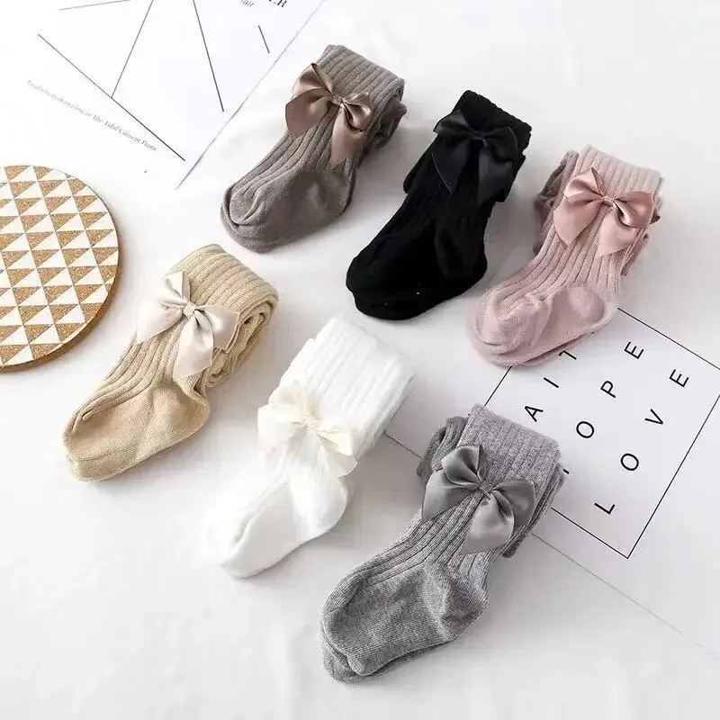 Medias bonitas con lazo para niñas, medias tejidas de algodón para invierno para niñas, pantimedias de cintura alta para niños, medias para niñas pequeñas - imagen 3