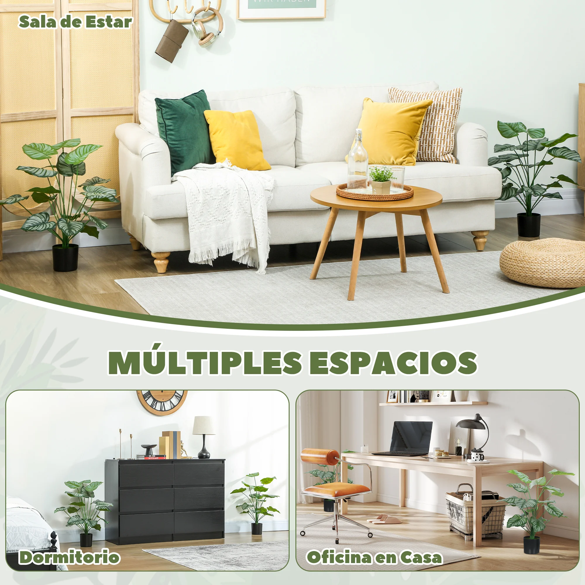 HOMCOM Conjunto de 2 Plantas Artificiales Decorativas 65 cm Plantas Artificiales con Maceta y Hojas para Interior Hogar Salón Oficina Verde - imagen 5