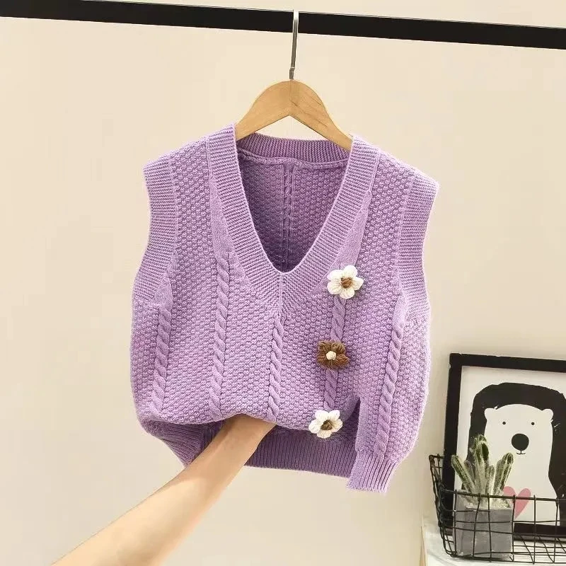 Chaleco tejido con cuello en V para niñas, chaleco para bebé de primavera y otoño, jersey sin mangas, chaleco con decoración floral, suéter para niños - imagen 2
