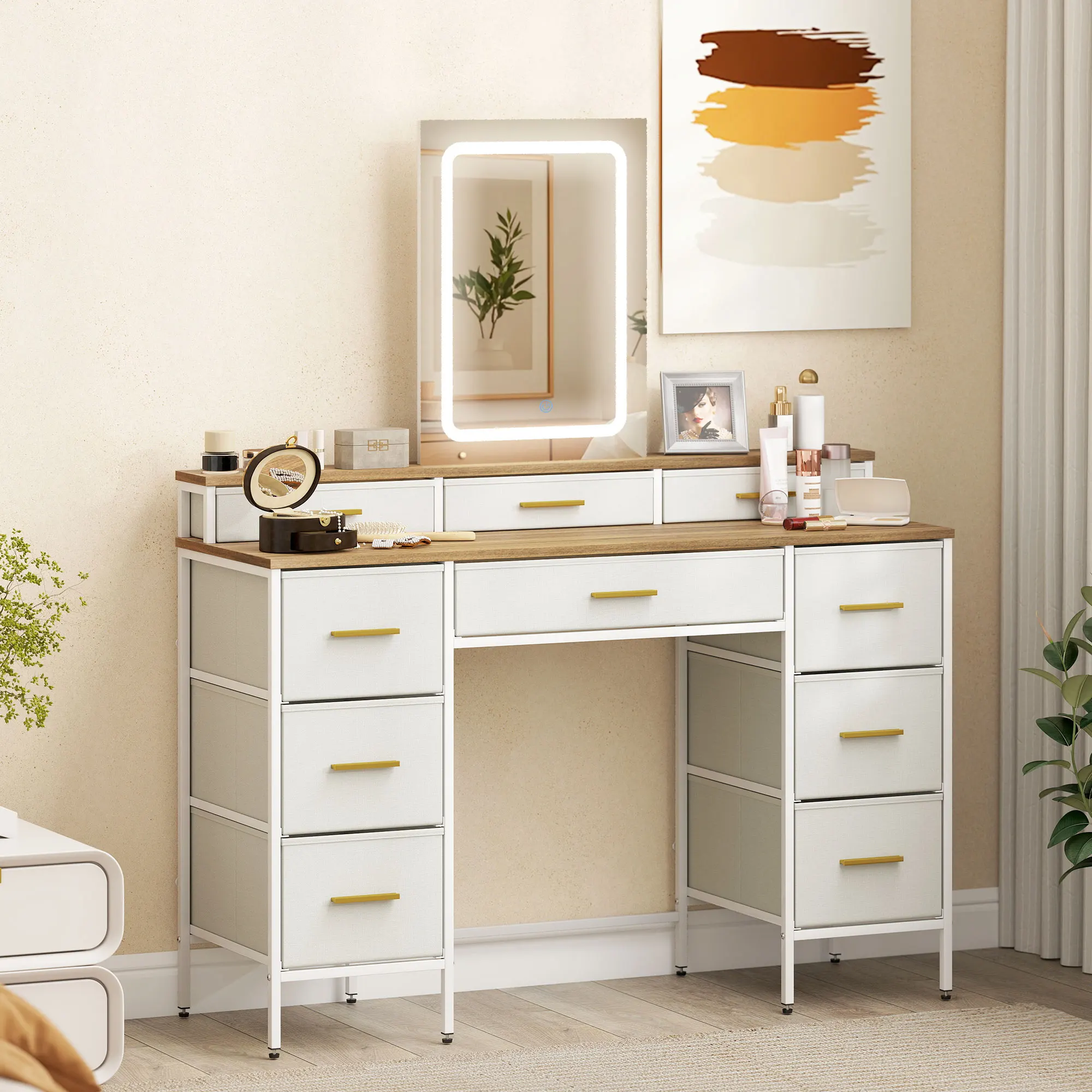 HOMCOM Tocador con Luces LED de 3 Colores, Tocador de Maquillaje con Espejo, Mesa de Maquillaje con 10 Cajones de Tela, Patas de Acero, Moderno, para Dormitorio, Salón, Natural - imagen 2
