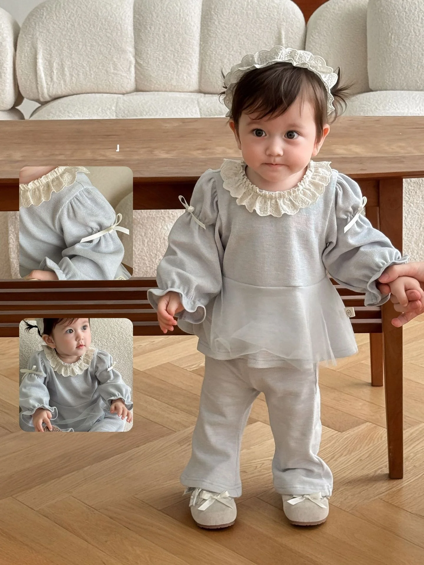 Nuevo conjunto de ropa de otoño para niños, blusa con volantes y lazo de malla y pantalones acampanados, conjunto de ropa para niñas de 2 uds, conjunto para niñas - imagen 3