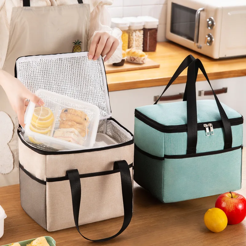 Bolsa de Picnic con aislamiento térmico, bolsa de almacenamiento de alimentos para el almuerzo de gran capacidad, bolsillo exterior, tela Oxford, bolsas impermeables para fiambrera