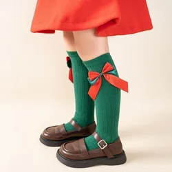 Medias navideñas de algodón con lazo – Rojo y verde para niña