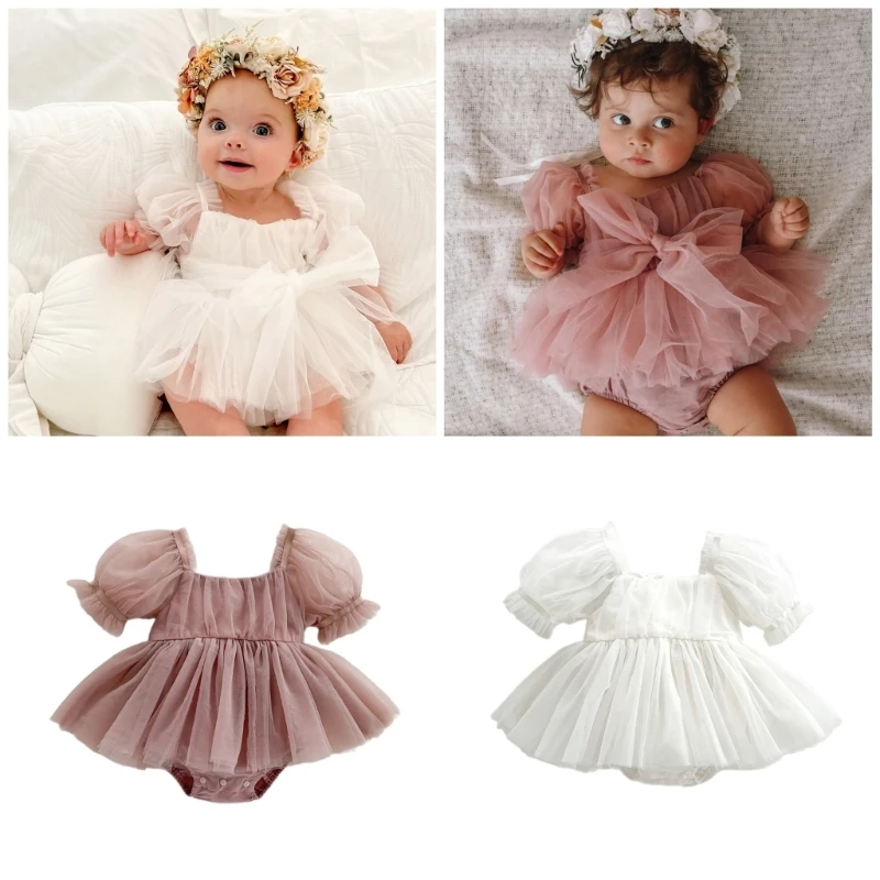 QX2D 2024 Vestido envolvente con mangas burbujas para niñas, falda con lazo transpirable