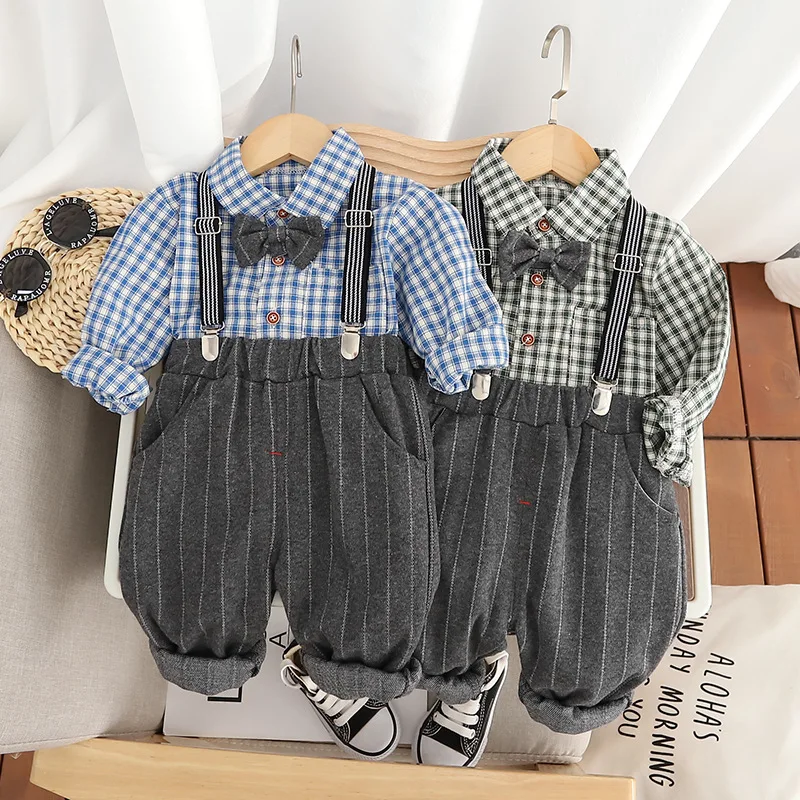 Chándal de manga larga a cuadros para niños, ropa de otoño para bebés, camisa y pantalones, traje infantil para niños, 2 piezas por juego, nuevo - imagen 2