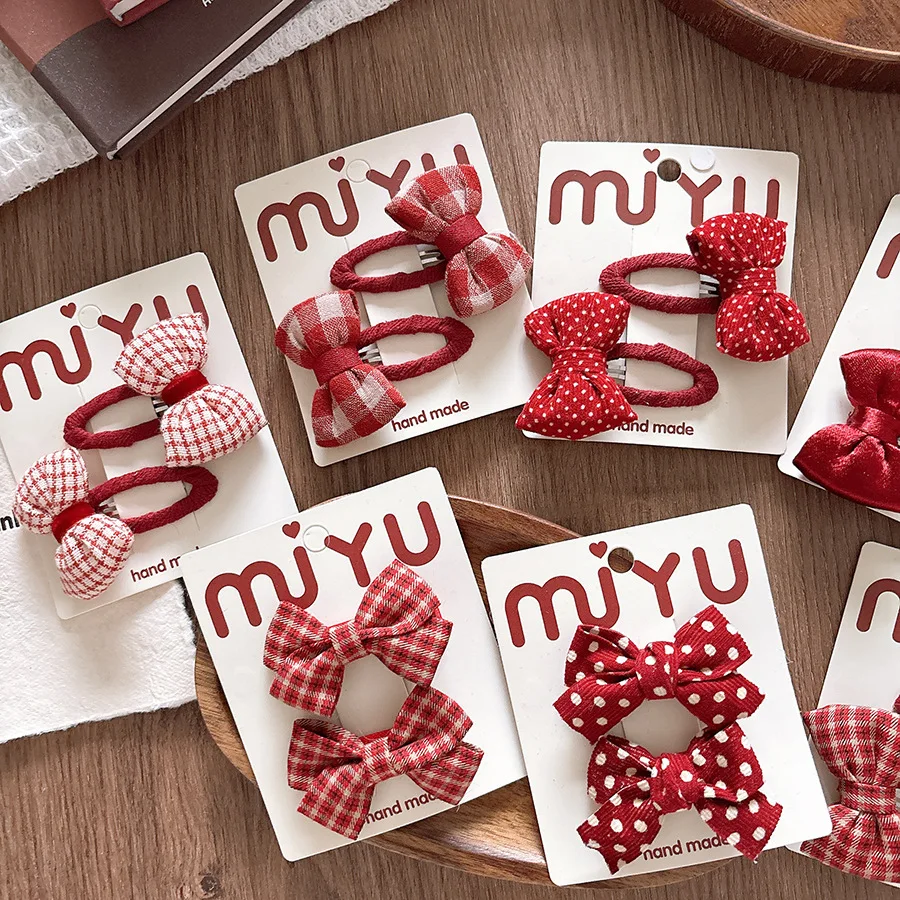 2 unids/set bebé rojo moda coreana niños niñas pinzas para el cabello Dot Plaid arco pasadores para niños Hedawear accesorios para el cabello de Navidad - imagen 4