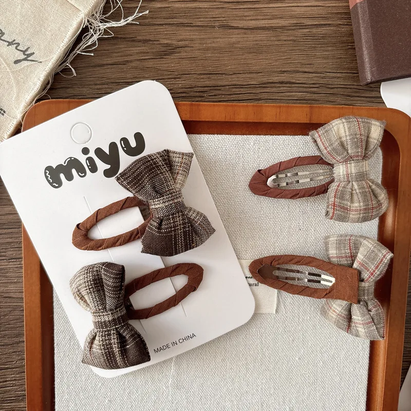 2 unids/set de pinzas para el cabello con lazo de tela de estilo coreano, pinzas BB de lunares para niños y niñas, horquillas laterales con esquema de colores Maillard para niños - imagen 3