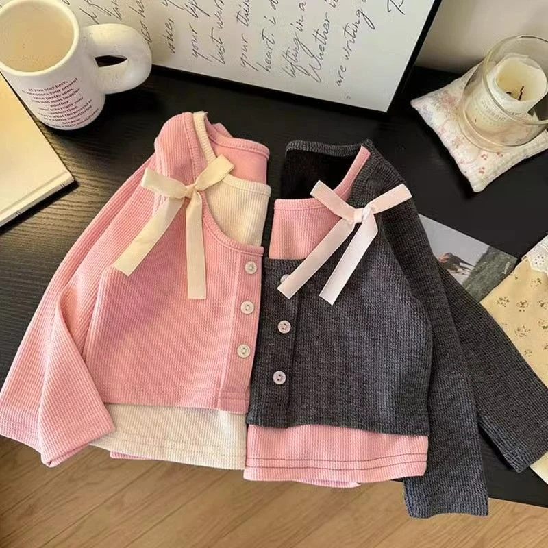 Camiseta dulce de primavera dos en uno para niñas, Top de manga larga con lazo, estilo coreano, camisa infantil versátil y moderna