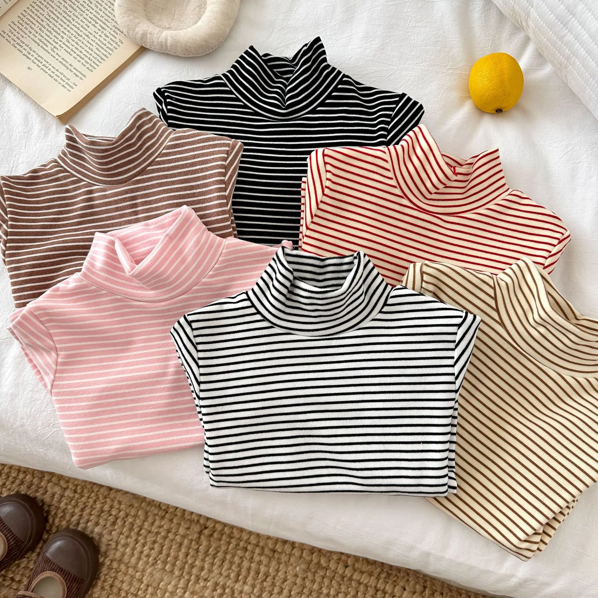 Ropa para niños de 2 a 7 años, blusa clásica a rayas para niñas, Tops básicos de cuello alto, camisa cálida de manga larga para niños, ropa básica para niños