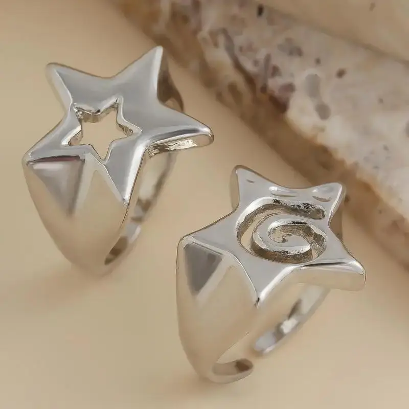 2 unids/set de anillos de pareja de estrellas a la moda para mujeres y hombres, anillo con apertura ajustable, joyería de fiesta Punk, accesorios de Metal con personalidad - imagen 5