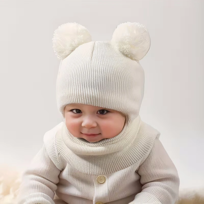 Gorro de punto para niño con protección de orejas y cuello – Doble pompón - imagen 4
