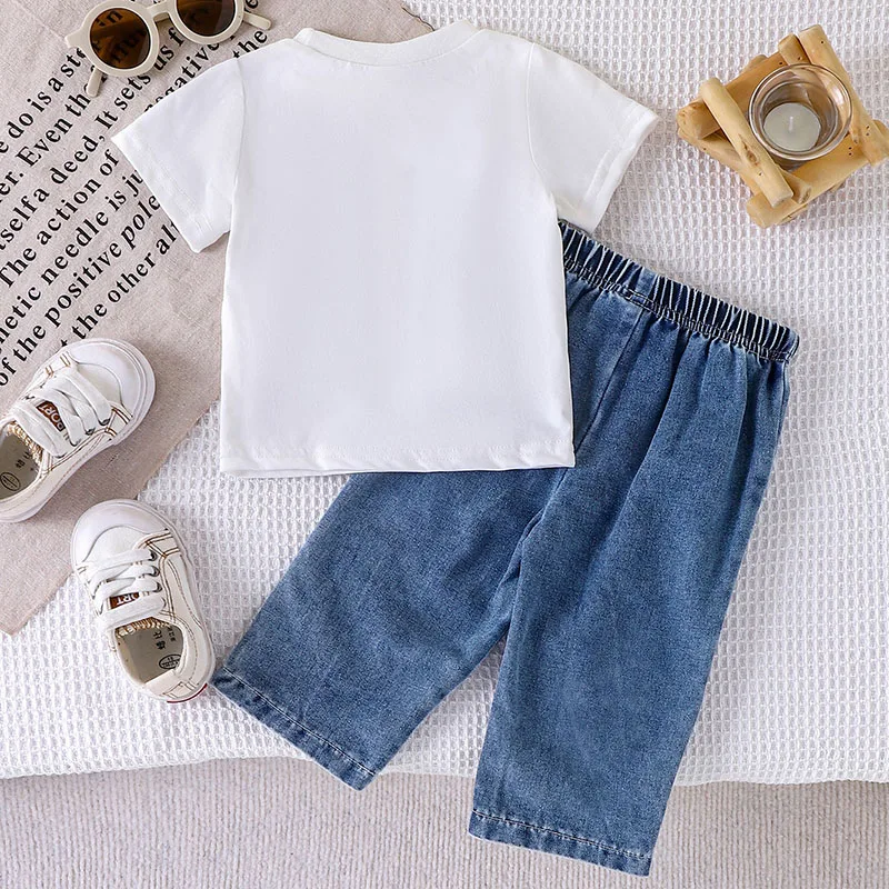 Conjuntos de 2 piezas de ropa de verano para niño niña, moda coreana, Tops de algodón de manga corta con flores para bebé + pantalones vaqueros, ropa de Boutique para niños B133 - imagen 2