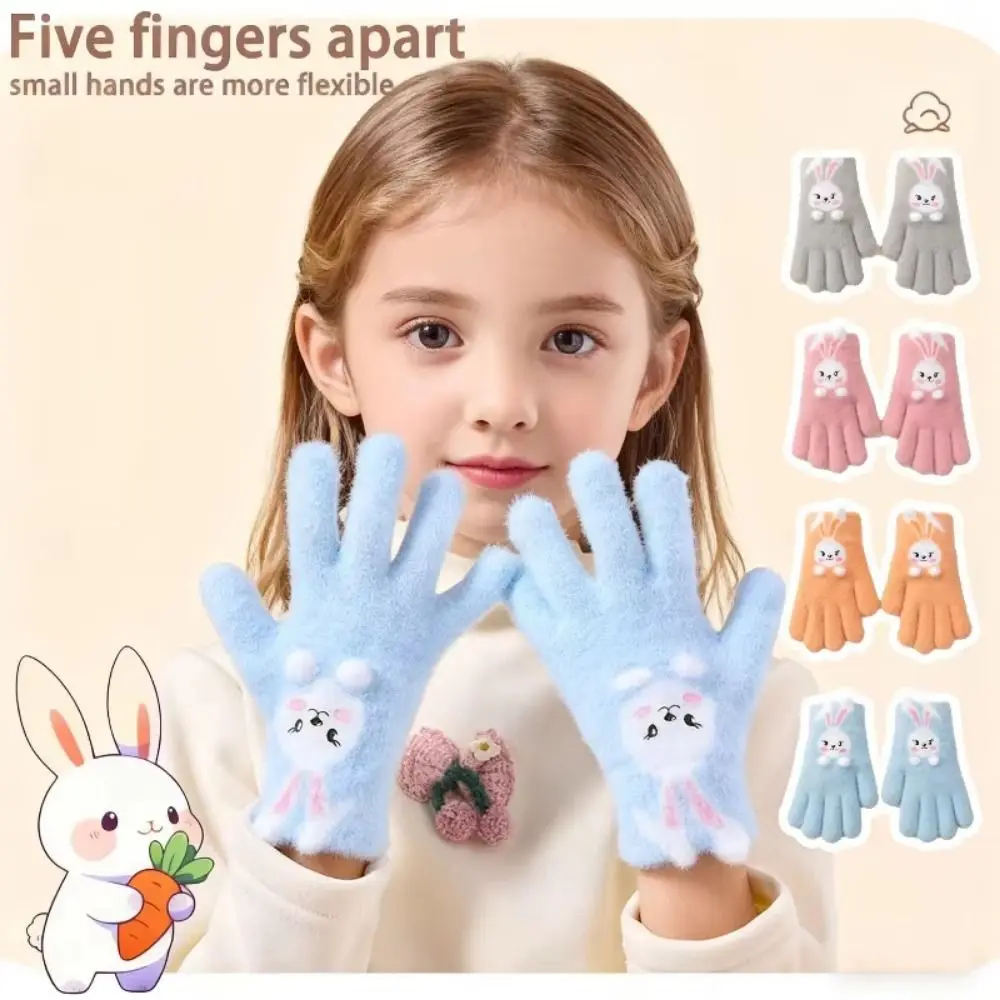 Lindos guantes de cinco dedos de alta elasticidad para niños, guantes gruesos de dibujos animados a prueba de frío para niños, manoplas tejidas de conejo a prueba de viento para exteriores - imagen 3