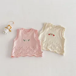 Nuevo Chaleco de Punto para Niños de Primavera, 9M-5T, Bordado de Oso, Camiseta sin Mangas para Niñas, Suéter, Conejito Dulce, Ropa de Punto sin Mangas para Niños