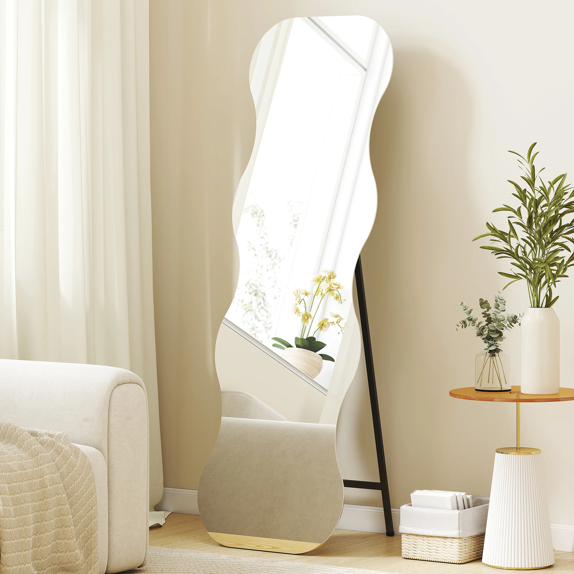 HOMCOM Espejo de Cuerpo Entero Ondulado 160x50 cm, Espejo de Pie o Apoyado en la Pared, sin Marco, Base de Madera, para Salón, Dormitorio, Pasillo, Entrada