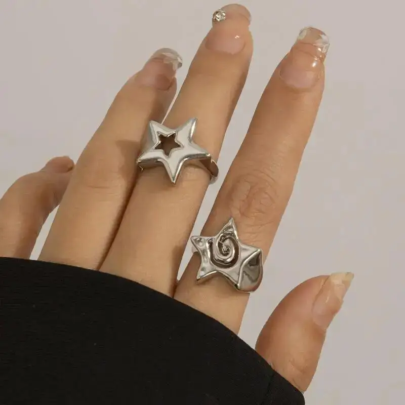 2 unids/set de anillos de pareja de estrellas a la moda para mujeres y hombres, anillo con apertura ajustable, joyería de fiesta Punk, accesorios de Metal con personalidad - imagen 2