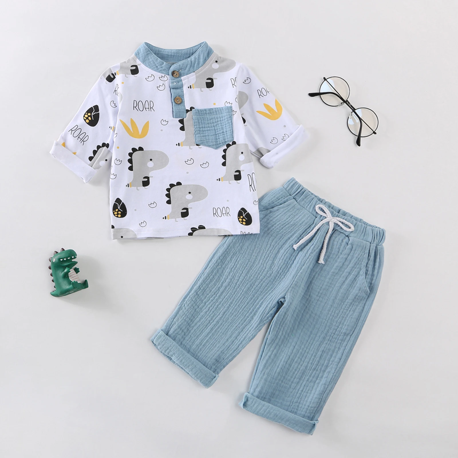 Conjunto de otoño para bebés de 0 a 4 años, Tops con estampado de dinosaurio de manga larga a la moda y pantalones de Color sólido, trajes de 2 uds. - imagen 2