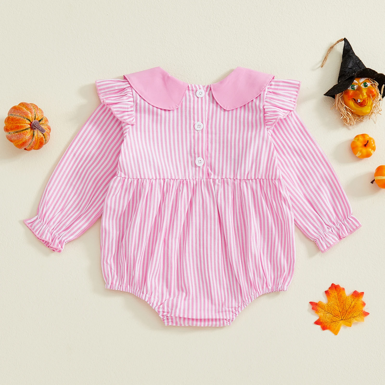 Pelele a rayas de Halloween para niña de 0 a 18 meses, mono de burbujas con cuello de muñeca de manga larga bordado de calabaza fantasma - imagen 2