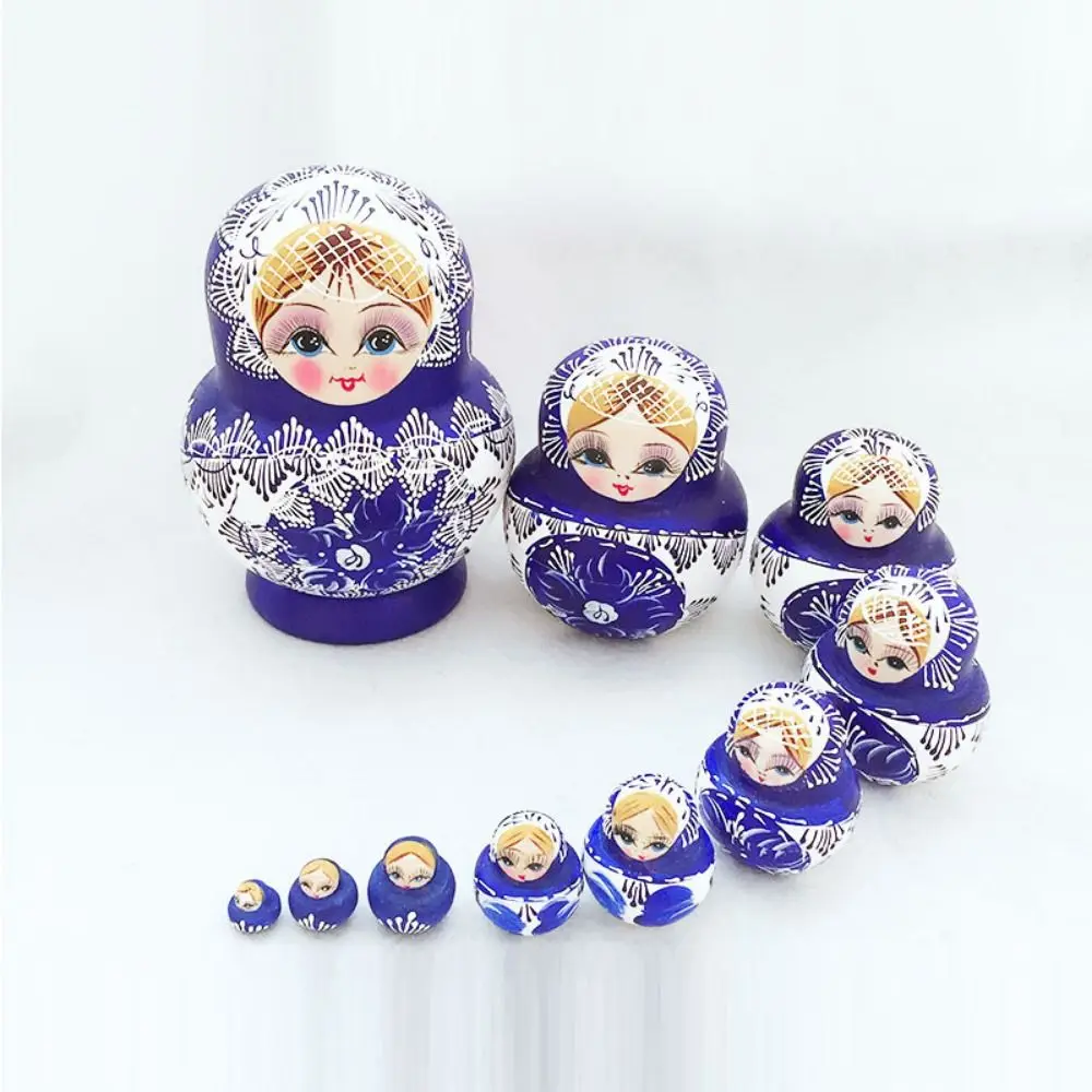 Muñecas rusas de madera hechas a mano apilables estampado floral azul - imagen 4