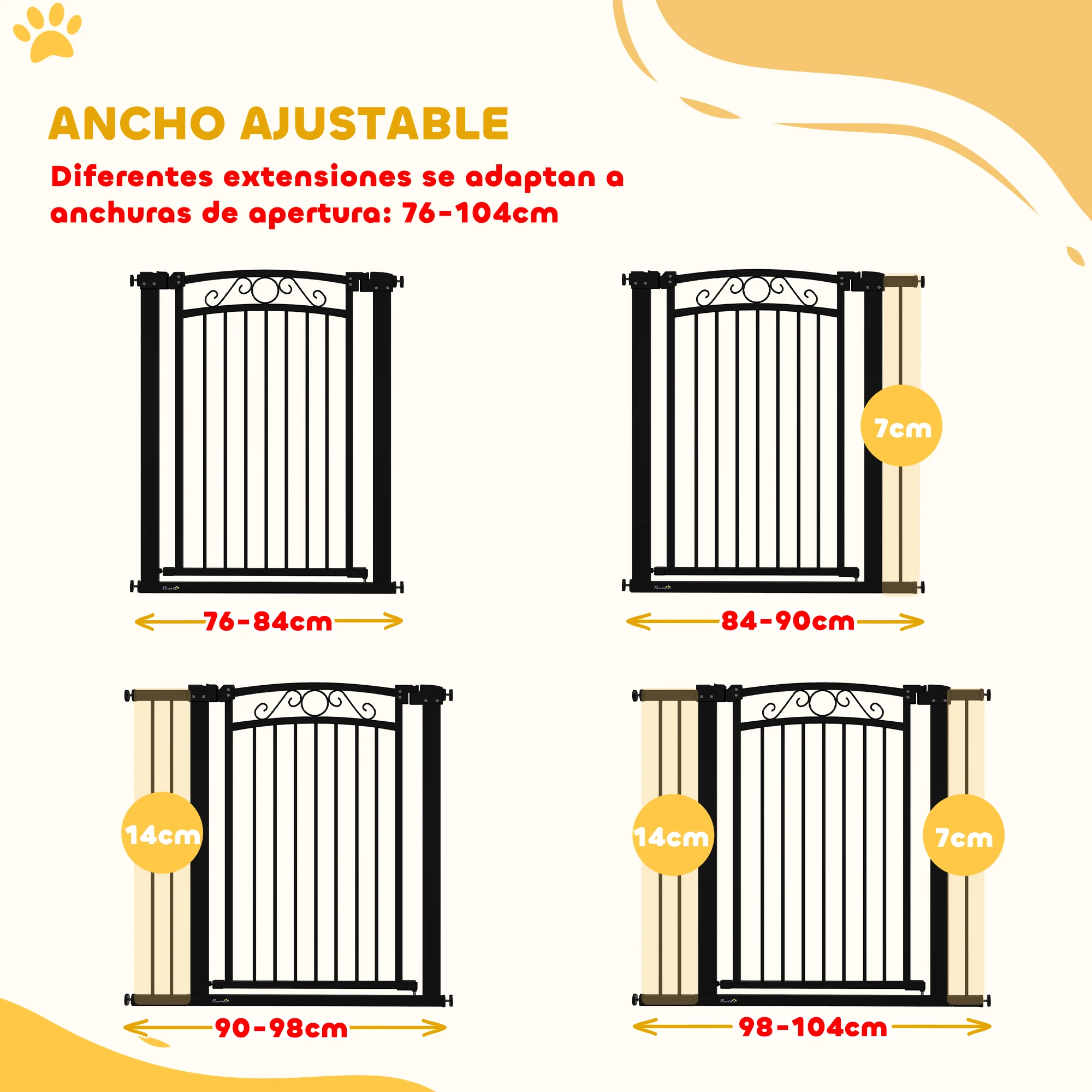PawHut Barrera para Perros Puerta para Perros 76-104 cm Barrera de Seguridad para Mascotas con 2 Extensiones 7/14 cm y Doble Bloqueo para Escaleras y Puertas Negro - imagen 5