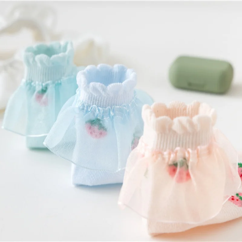 Lawadka-calcetines con estampado fino de fresas para niños y niñas, medias de encaje de princesa, de 1 a 15 años, 5 pares por juego - imagen 3